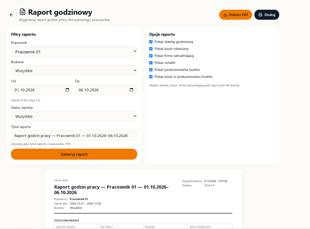 Raport godzinowy w panelu biura: filtry pracownika, budowy i dat oraz przyciski Pobierz PDF i Drukuj