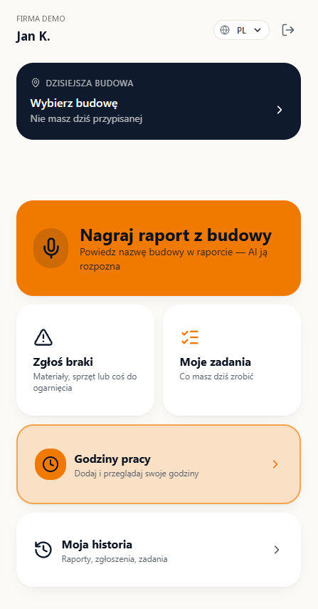 Ekran główny pracownika w RaportBud: Nagraj raport z budowy, Zgłoś braki, Moje zadania, Godziny pracy i Moja historia